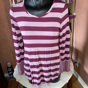 LOGO Layers by Lori Goldstein Stripe Waffle Top with Shirttail Hem,Size X-SMALL,